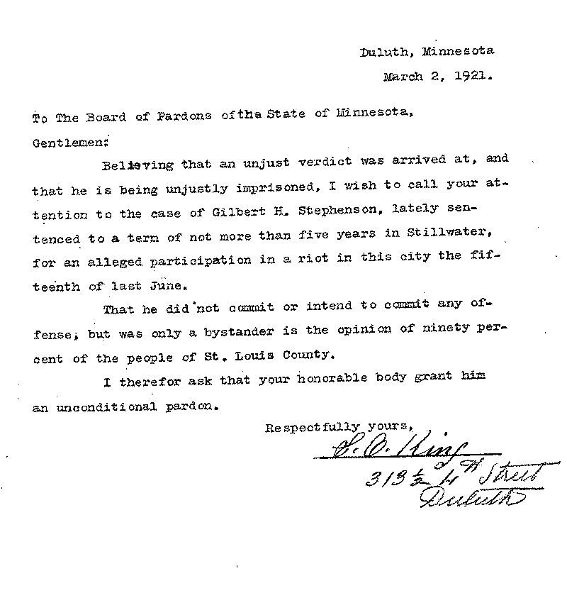 Gilbert Henry Stephenson. Application No. 5151. Letter from S. O. King to Board of Pardons, March 2, 1921.