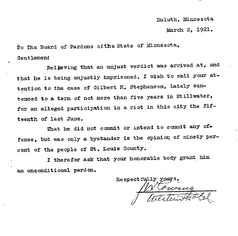 Gilbert Henry Stephenson. Application No. 5151. Letter from J. W. Cowing to Board of Pardons, March 2, 1921.