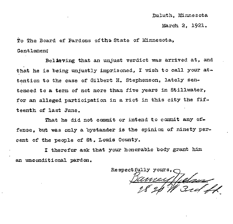 Gilbert Henry Stephenson. Application No. 5151. Letter from Barney Nelson to Board of Pardons, March 2, 1921.