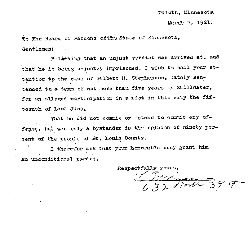 Gilbert Henry Stephenson. Application No. 5151. Letter from L. Prechman to Board of Pardons, March 2, 1921.