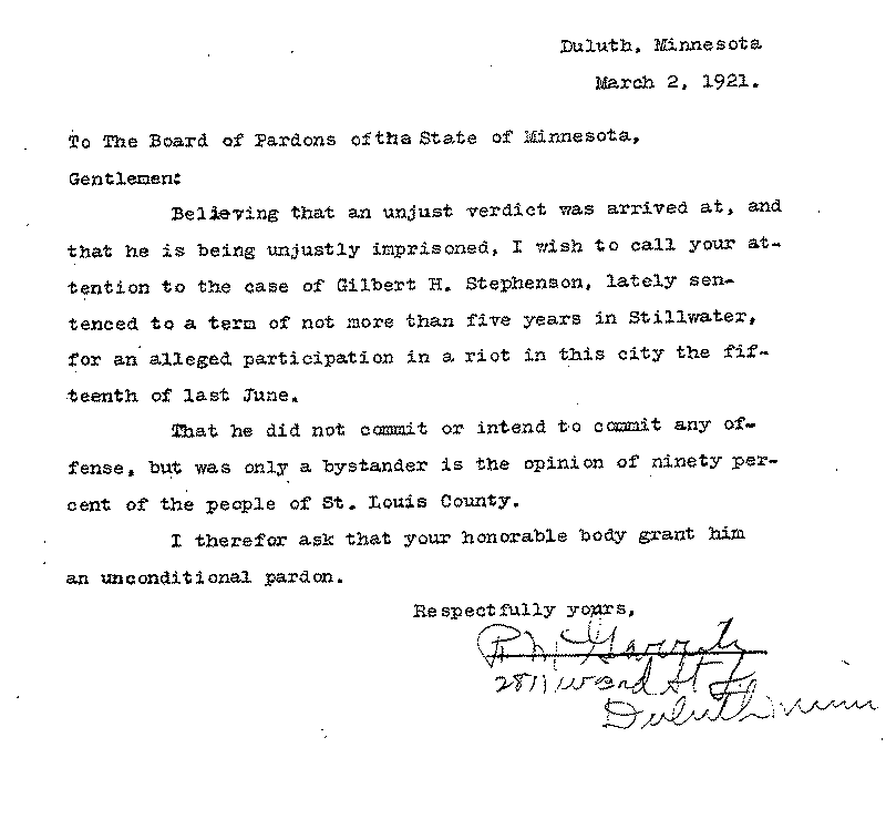 Gilbert Henry Stephenson. Application No. 5151. Letter from P. M. Garrity to Board of Pardons, March 2, 1921.