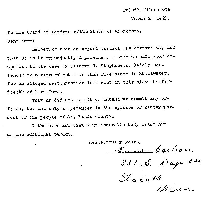 Gilbert Henry Stephenson. Application No. 5151. Letter from Elmer Carlson to Board of Pardons, March 2, 1921.