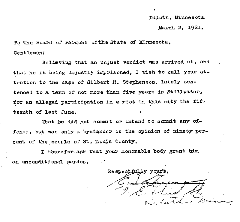 Gilbert Henry Stephenson. Application No. 5151. Letter from E. J. Green to Board of Pardons, March 2, 1921.