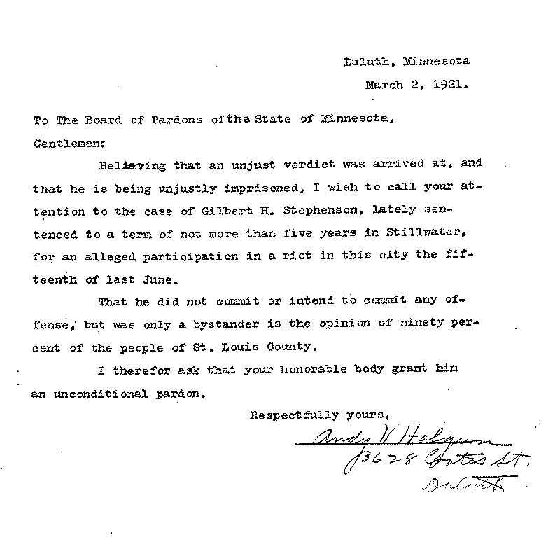 Gilbert Henry Stephenson. Application No. 5151. Letter from Andy V. Halgren to Board of Pardons, March 2, 1921.