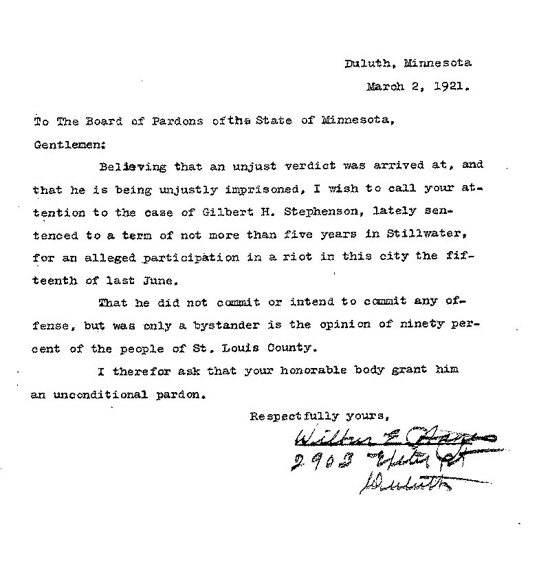 Gilbert Henry Stephenson. Application No. 5151. Letter from Wilbur E. Hayes to Board of Pardons, March 2, 1921.