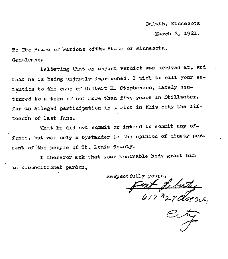 Gilbert Henry Stephenson. Application No. 5151. Letter from Pat Liberty to Board of Pardons, March 2, 1921.