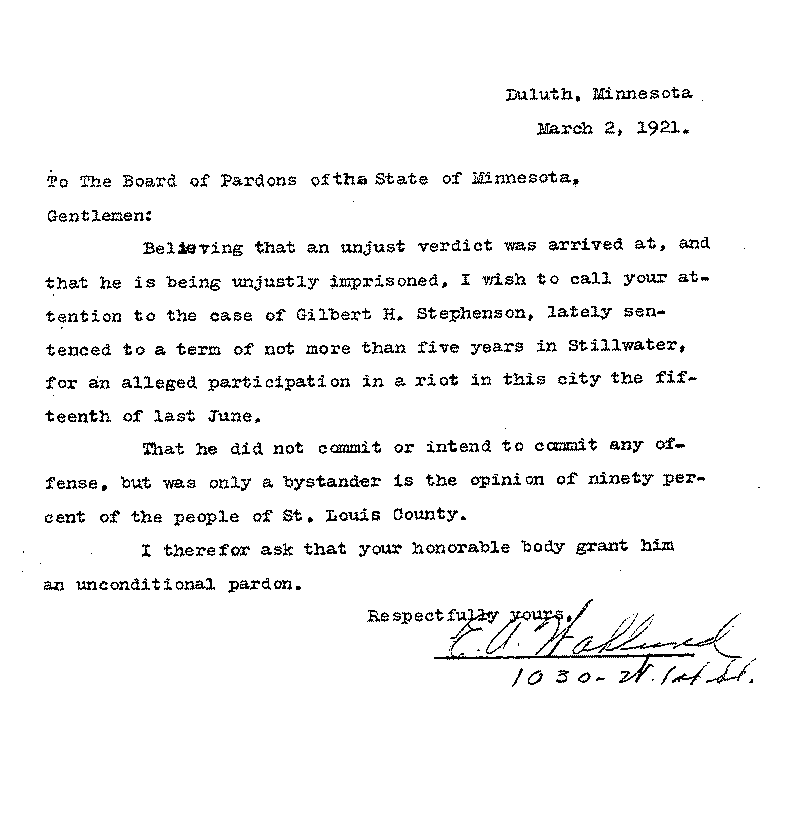 Gilbert Henry Stephenson. Application No. 5151.  Letter from E. A. Wahlund to Board of Pardons, March 2, 1921.