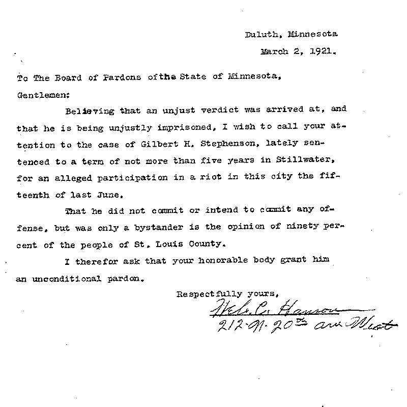 Gilbert Henry Stephenson. Application No. 5151. Letter from Mel. C. Hanson to Board of Pardons, March 2, 1921.