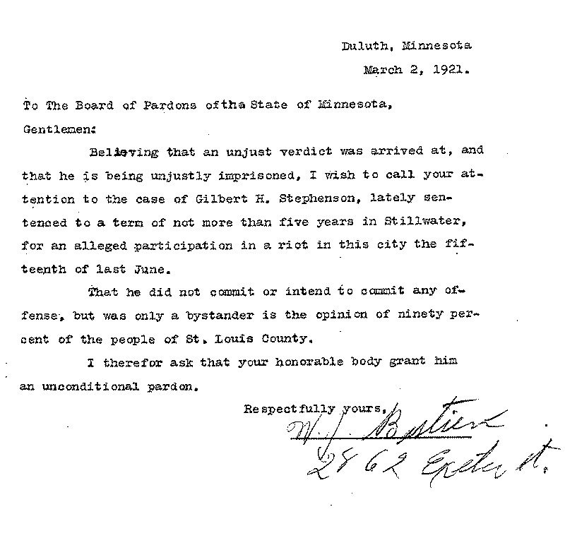 Gilbert Henry Stephenson. Application No. 5151. Letter from W. J. Bastian to Board of Pardons, March 2, 1921.