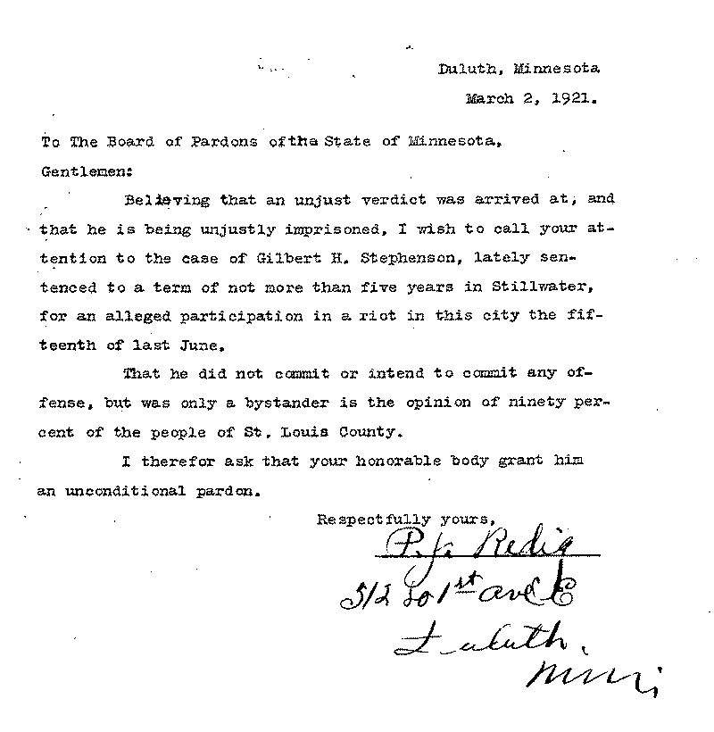 Gilbert Henry Stephenson. Application No. 5151. Letter from P. J. Redig to Board of Pardons, March 2, 1921.