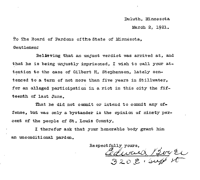 Gilbert Henry Stephenson. Application No. 5151. Letter from Edward Boyer to Board of Pardons, March 2, 1921.