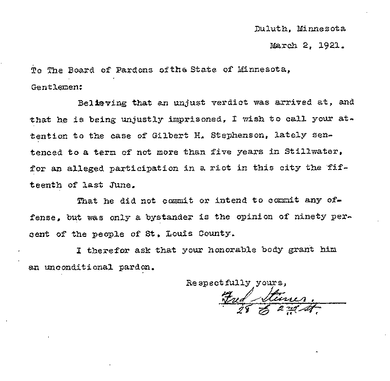 Gilbert Henry Stephenson. Application No. 5151. Letter from Fred Steiner to Board of Pardons, March 2, 1921.