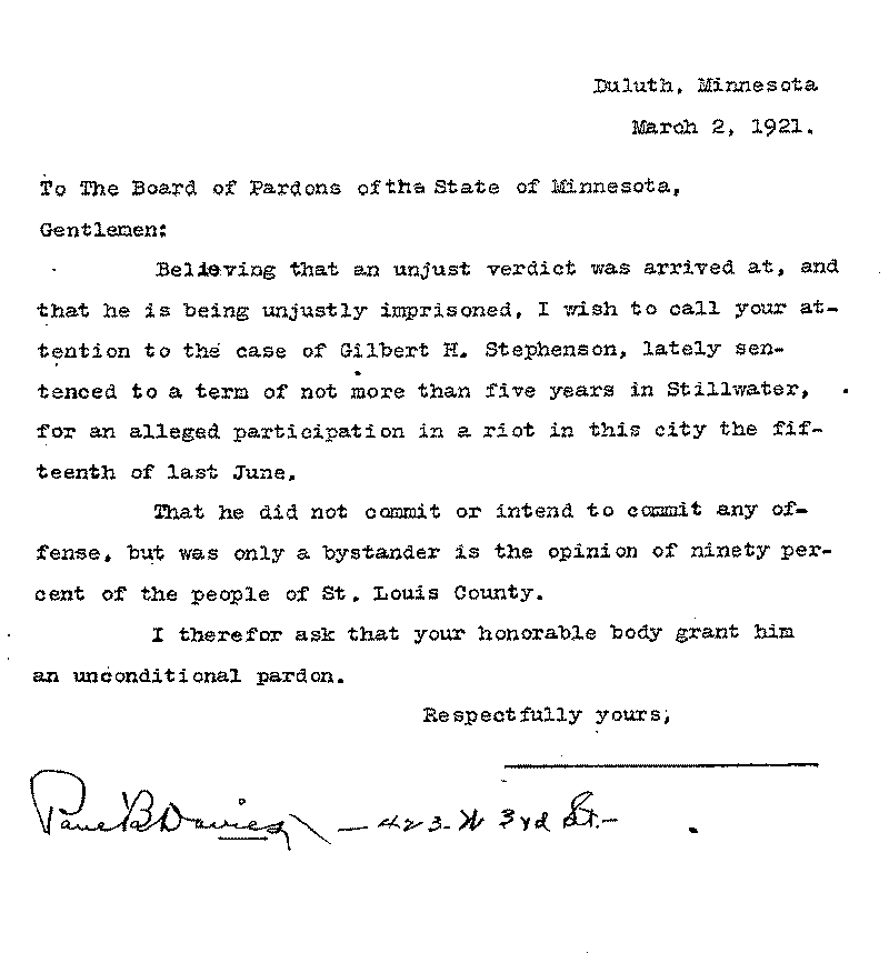 Gilbert Henry Stephenson. Application No. 5151. Letter from Paul B. Davies to Board of Pardons, March 2, 1921.