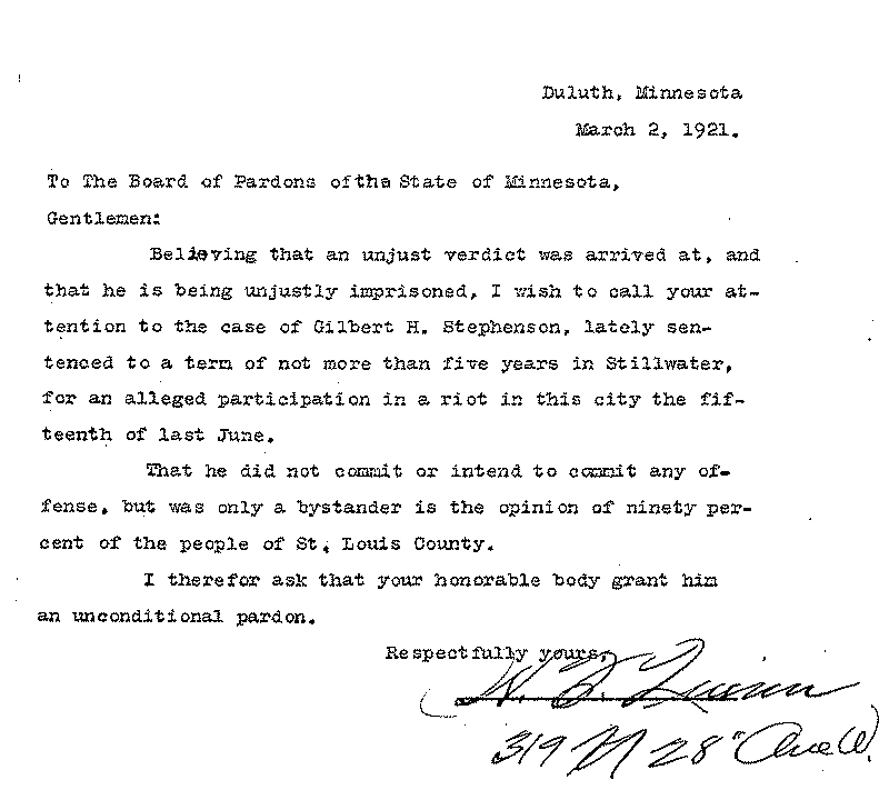 Gilbert Henry Stephenson. Application No. 5151. Letter from W. O. Quinn to Board of Pardons, March 2, 1921.
