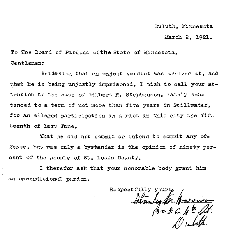 Gilbert Henry Stephenson. Application No. 5151. Letter from Stanley W. Harrison to Board of Pardons, March 2, 1921.