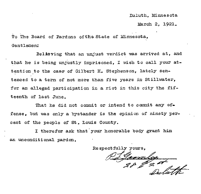 Gilbert Henry Stephenson. Application No. 5151. Letter from P. L. Gormly to Board of Pardons, March 2, 1921.