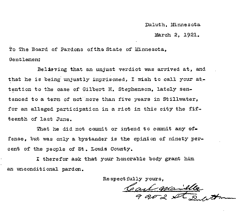 Gilbert Henry Stephenson. Application No. 5151. Letter from Carl Manielle to Board of Pardons, March 2, 1921.
