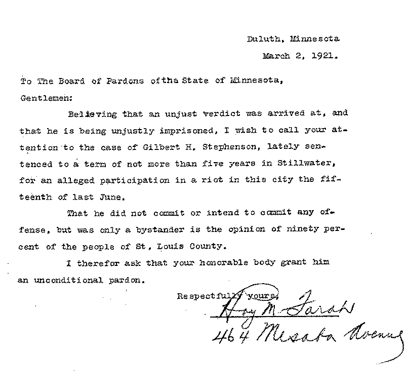 Gilbert Henry Stephenson. Application No. 5151. Letter from Hoy M. Farah to Board of Pardons, March 2, 1921.