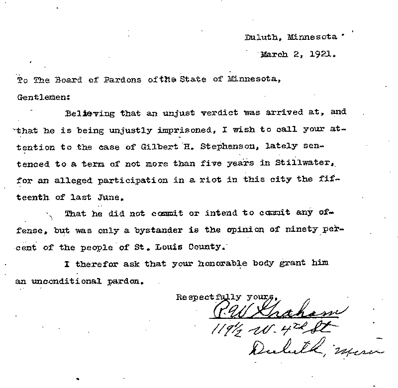 Gilbert Henry Stephenson. Application No. 5151. Letter from P. W. Graham to Board of Pardons, March 2, 1921.