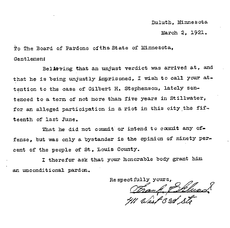 Gilbert Henry Stephenson. Application No. 5151. Letter from Frank Sklund to Board of Pardons, March 2, 1921.