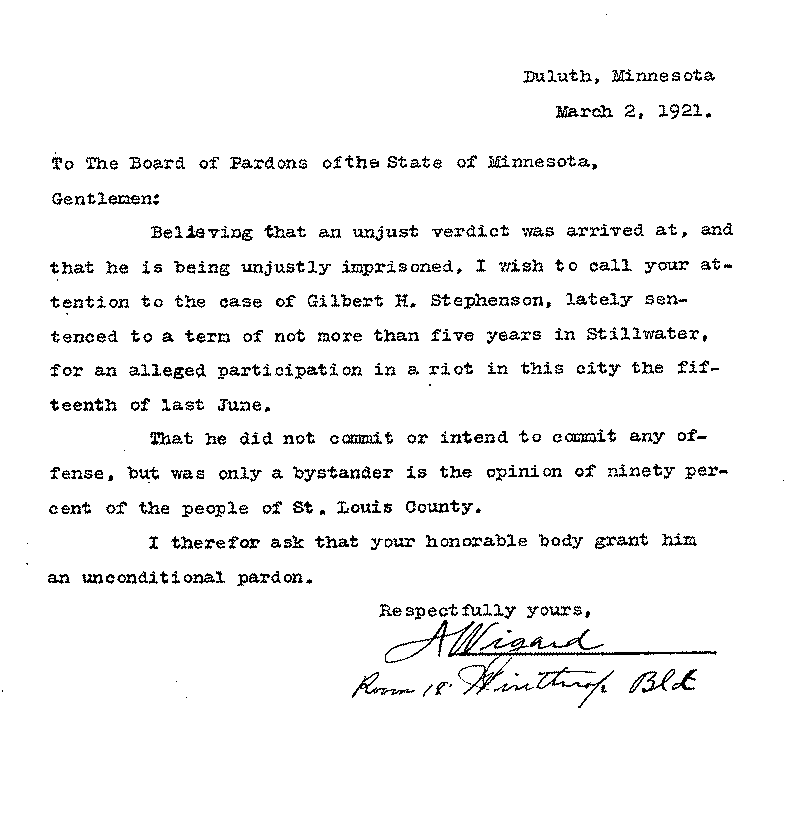 Gilbert Henry Stephenson. Application No. 5151.  Letter from A. Wigard to Board of Pardons, March 2, 1921.