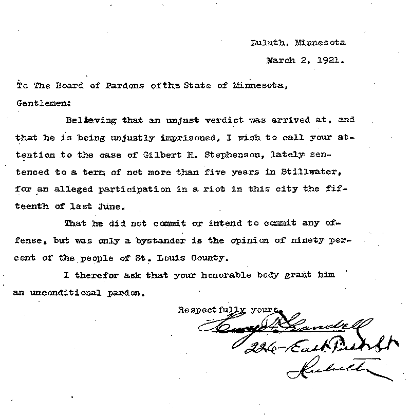 Gilbert Henry Stephenson. Application No. 5151. Letter from Hugo Frandell (?) to Board of Pardons, March 2, 1921.