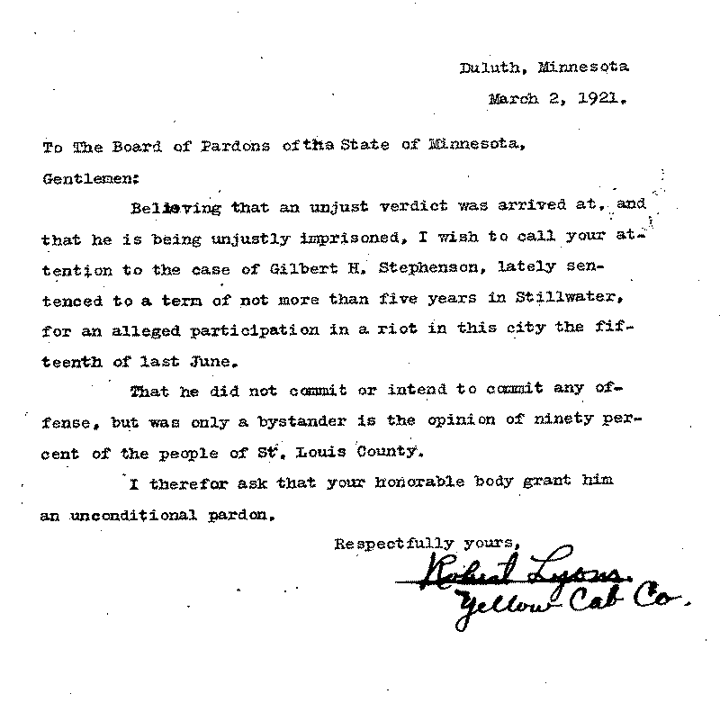Gilbert Henry Stephenson. Application No. 5151. Letter from Robert Lyons to Board of Pardons, March 2, 1921.