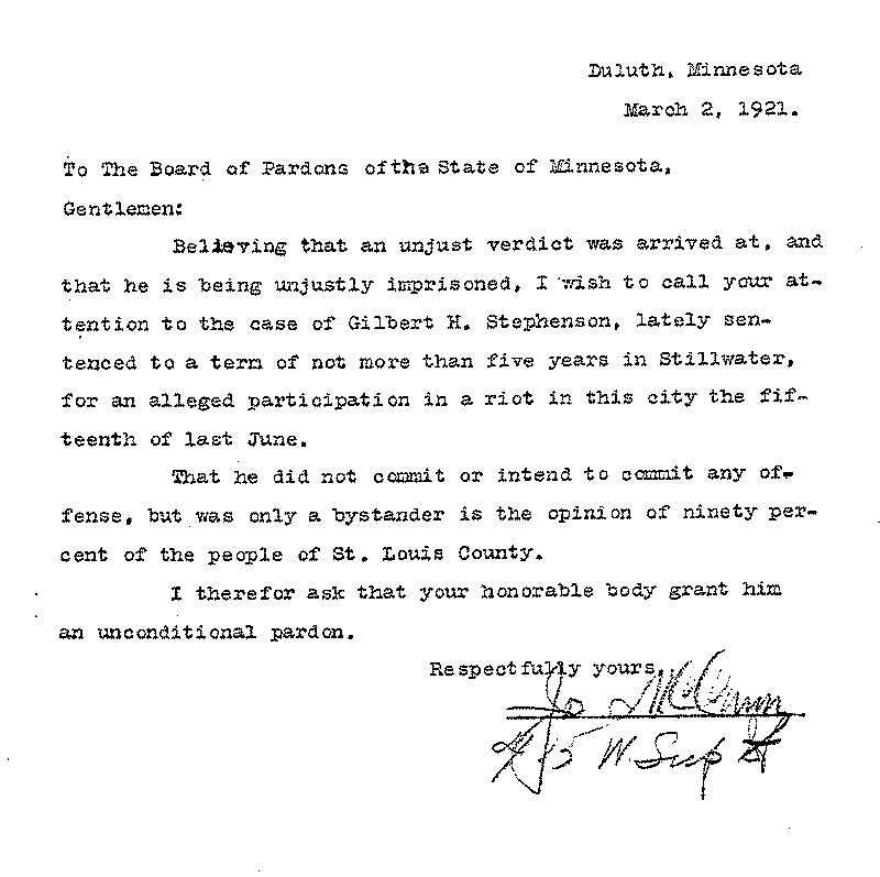 Gilbert Henry Stephenson. Application No. 5151. Letter from Jo McCurn (?) to Board of Pardons, March 2, 1921.