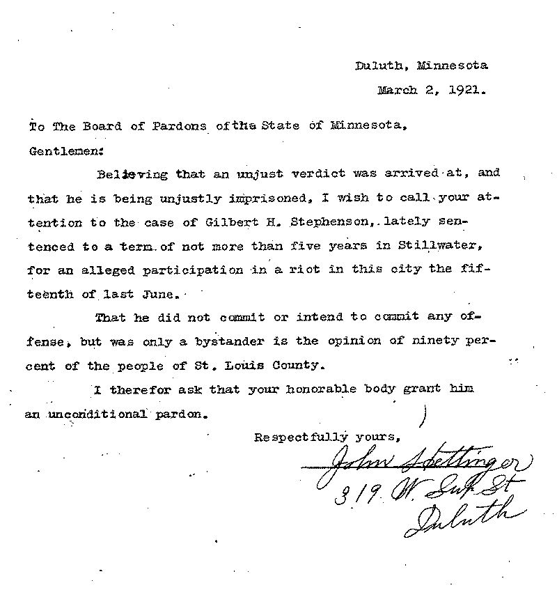 Gilbert Henry Stephenson. Application No. 5151. Letter from John Søettinger to Board of Pardons, March 2, 1921.
