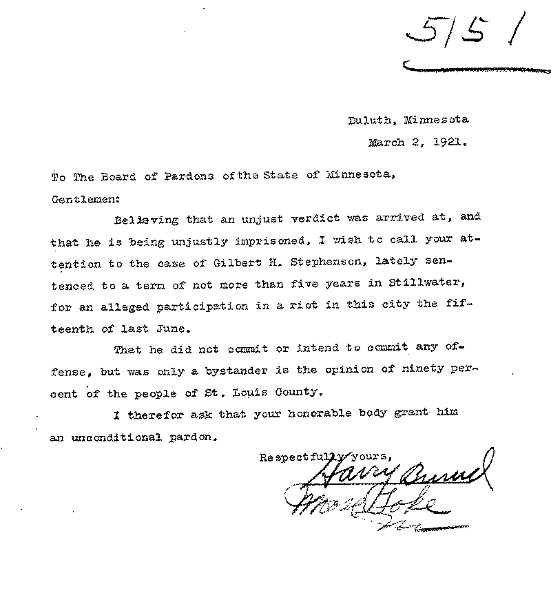 Gilbert Henry Stephenson. Application No. 5151. Letter from Harry Burud (?) to Board of Pardons, March 2, 1921.
