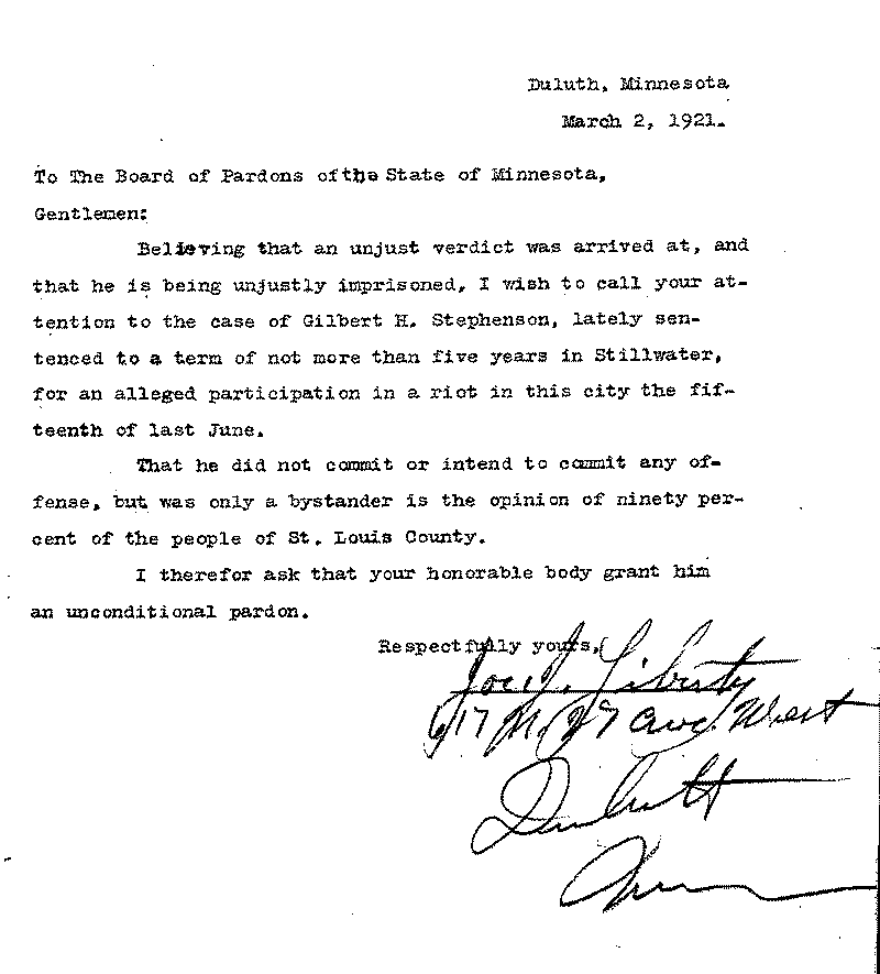 Gilbert Henry Stephenson. Application No. 5151. Letter from Joe J. Liberty to Board of Pardons, March 2, 1921.