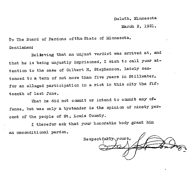 Gilbert Henry Stephenson. Application No. 5151.  Letter from Fred [illegible] to Board of Pardons, March 2, 1921.
