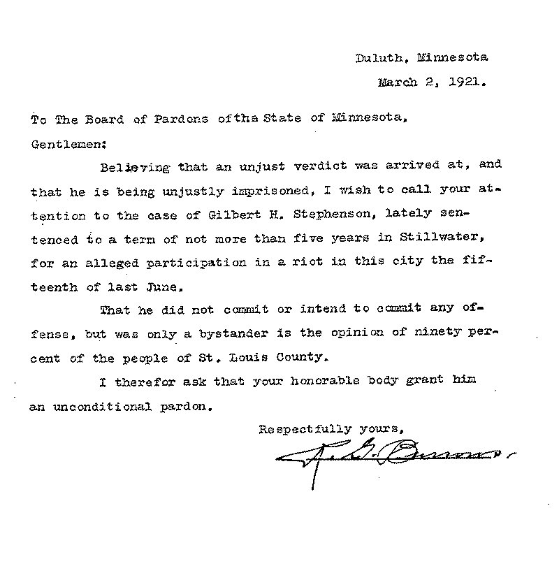 Gilbert Henry Stephenson. Application No. 5151. Letter from R. G. Burrows to Board of Pardons, March 2, 1921.