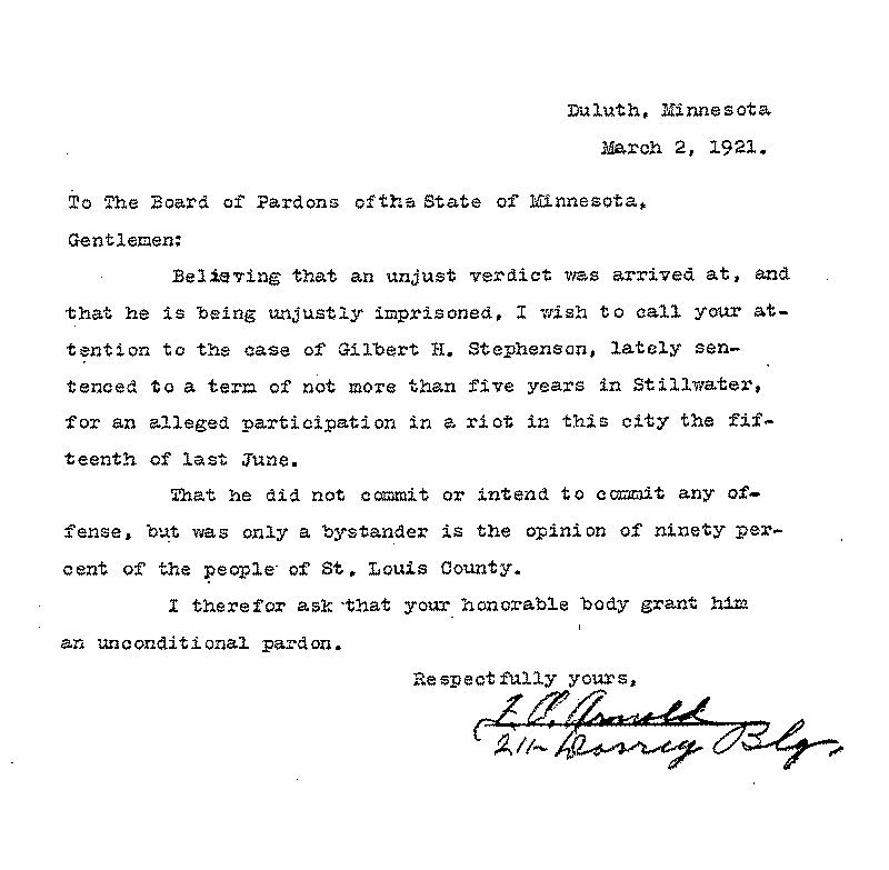 Gilbert Henry Stephenson. Application No. 5151. Letter from F. A. Arnold to Board of Pardons, March 2, 1921.