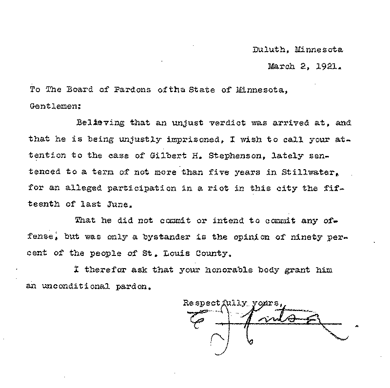 Gilbert Henry Stephenson. Application No. 5151. Letter from E. J. Knutson to Board of Pardons, March 2, 1921.
