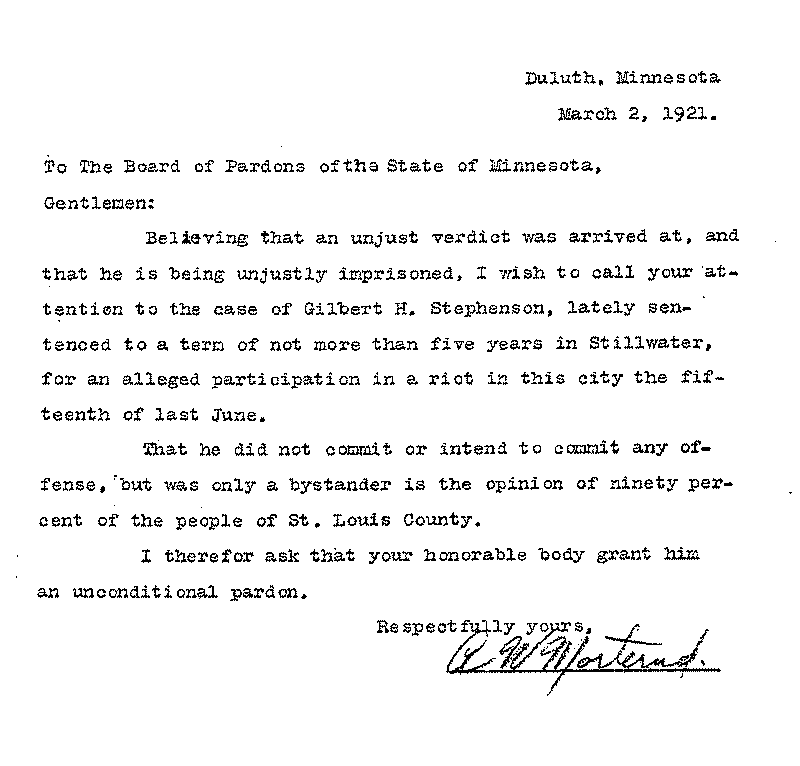Gilbert Henry Stephenson. Application No. 5151. Letter from A. W. Morternd to Board of Pardons, March 2, 1921.