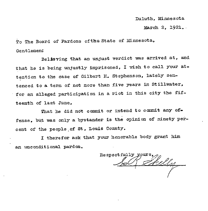 Gilbert Henry Stephenson. Application No. 5151. Letter from C. R. Skelly to Board of Pardons, March 2, 1921.