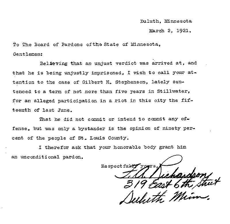 Gilbert Henry Stephenson. Application No. 5151. Letter from F. A. Richardson to Board of Pardons, March 2, 1921.