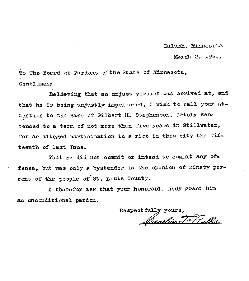Gilbert Henry Stephenson. Application No. 5151. Letter from Cornelius T. Fuller to Board of Pardons, March 2, 1921.