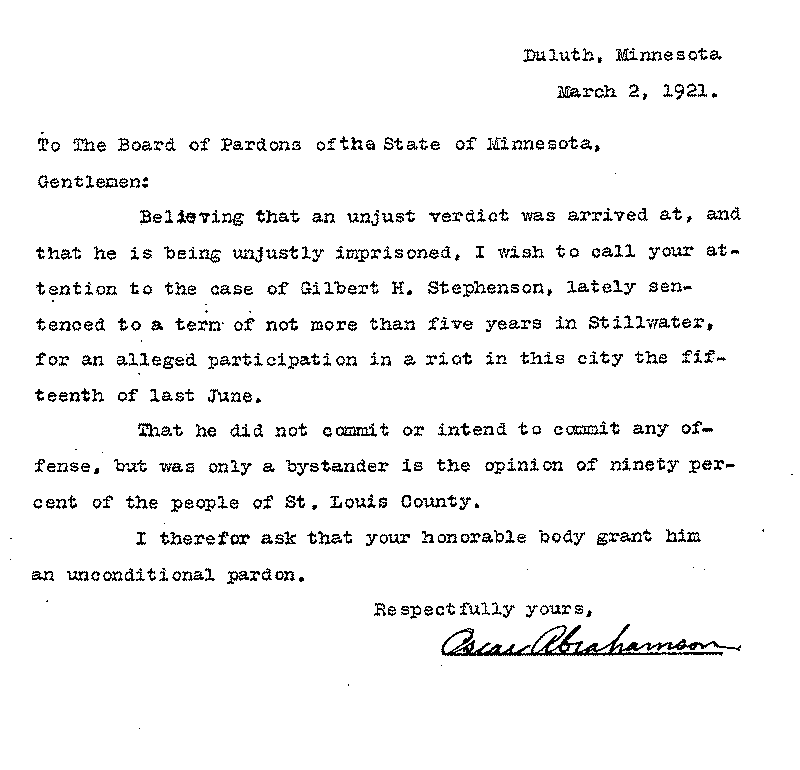 Gilbert Henry Stephenson. Application No. 5151. Letter from Oscar Abrahamson to Board of Pardons, March 2, 1921.