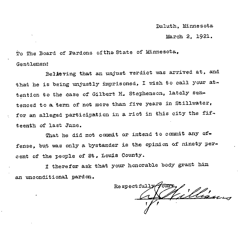 Gilbert Henry Stephenson. Application No. 5151. Letter from J. Williams to Board of Pardons, March 2, 1921.