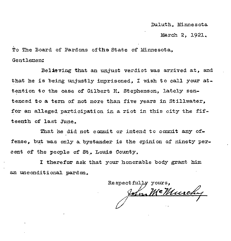 Gilbert Henry Stephenson. Application No. 5151. Letter from Oscar Abrahamson to Board of Pardons, March 2, 1921.