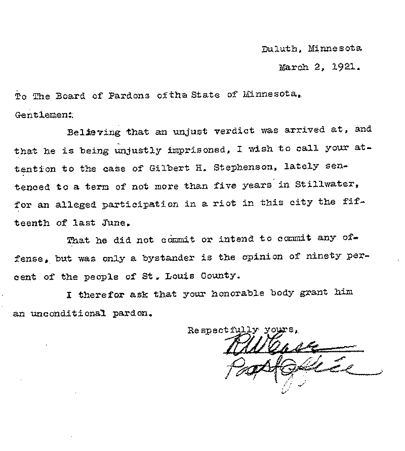 Gilbert Henry Stephenson. Application No. 5151. Letter from R. W. Case (?) to Board of Pardons, March 2, 1921.