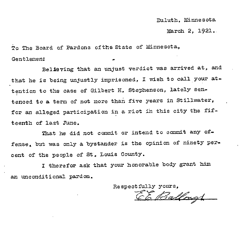 Gilbert Henry Stephenson. Application No. 5151.  Letter from E. E. Ballough to Board of Pardons, March 2, 1921. [Transcript].