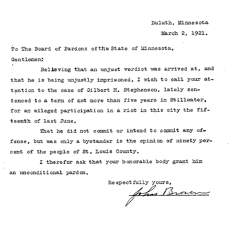 Gilbert Henry Stephenson. Application No. 5151. Letter from John Bronen to Board of Pardons, March 2, 1921.
