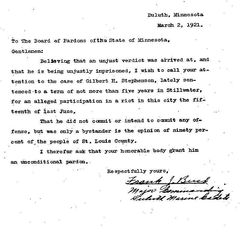Gilbert Henry Stephenson. Application No. 5151. Letter from Frank J. Buck to Board of Pardons, March 2, 1921.