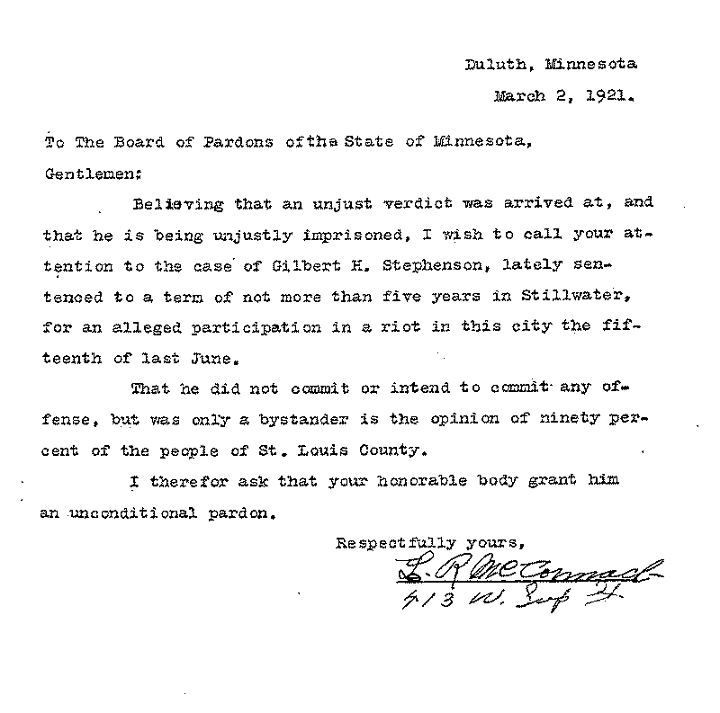 Gilbert Henry Stephenson. Application No. 5151. Letter from L. R. McCormack to Board of Pardons, March 2, 1921.