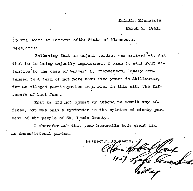 Gilbert Henry Stephenson. Application No. 5151. Letter from Frank J. Buck to Board of Pardons, March 2, 1921.