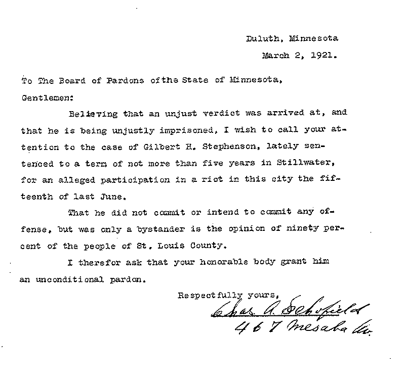 Gilbert Henry Stephenson. Application No. 5151. Letter from Charles A. Schofield to Board of Pardons, March 2, 1921.