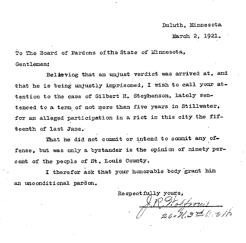 Gilbert Henry Stephenson. Application No. 5151. Letter from J. R. Wolfrem (?) to Board of Pardons, March 2, 1921.